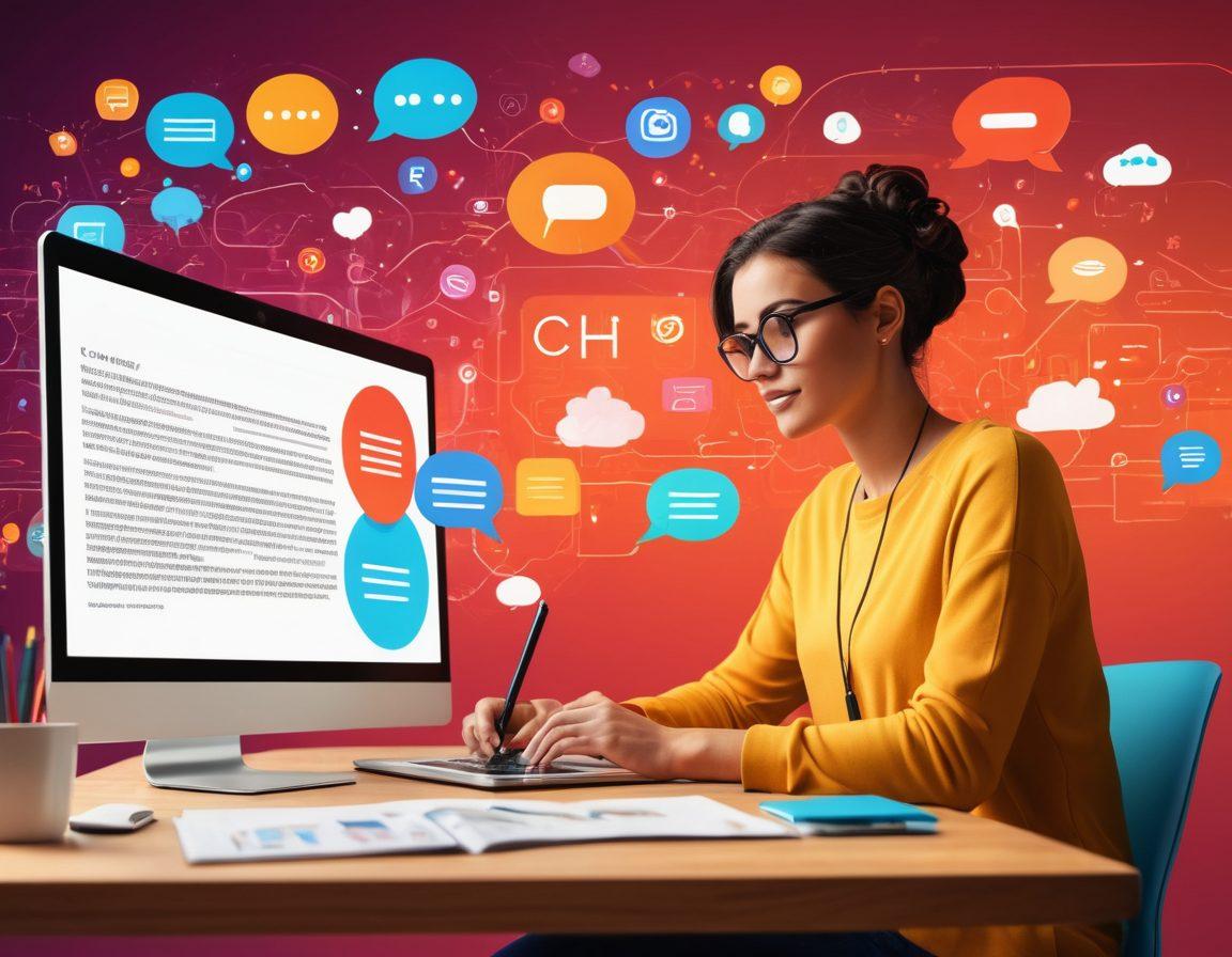 A person sitting at a modern workspace, surrounded by digital devices like a laptop and tablet, actively engaging in writing and brainstorming. Incorporate elements like flowing text, digital icons of communication (like chat bubbles, social media symbols), and colorful infographics in the background to symbolize dynamic digital storytelling. Use a warm color palette to evoke creativity and inspiration. 3D. vibrant colors.