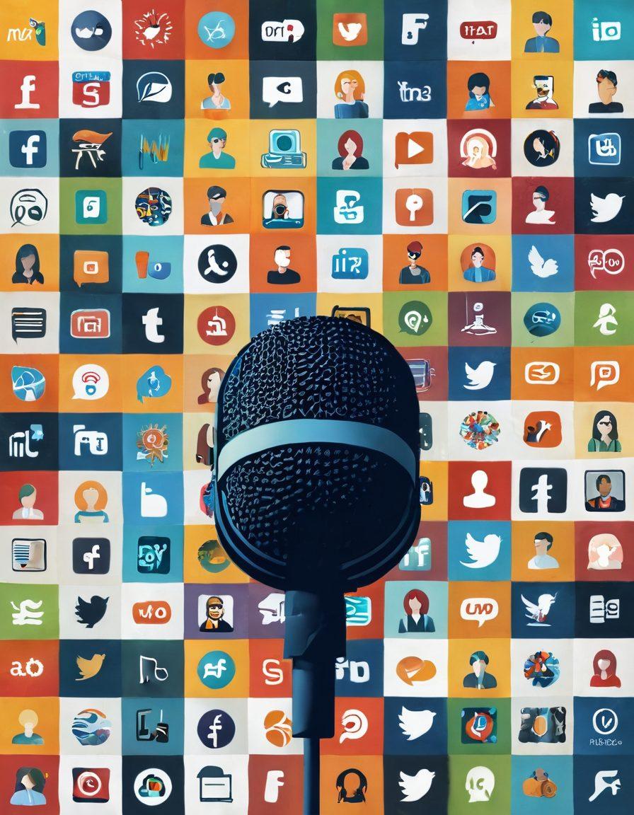 A vibrant collage showcasing diverse media platforms: social media icons, blog pages, a podcast microphone, and video thumbnails. In the center, a diverse group of people engaging with each other through devices, symbolizing connection and interaction. Bright colors reflecting a sense of community and engagement. super-realistic. vibrant colors. white background.