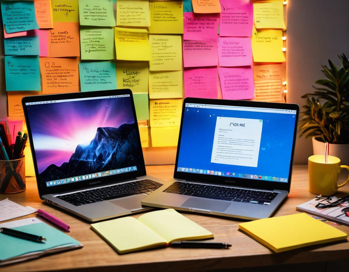 A serene workspace featuring a laptop with an open digital journal, surrounded by colorful pens and sticky notes. The background includes elements of social media icons and soundwaves, creating a sense of media engagement. A person of diverse descent is thoughtfully typing, with a warm, inviting atmosphere. Incorporate soft lighting and a cozy aesthetic. super-realistic. vibrant colors. cozy atmosphere.